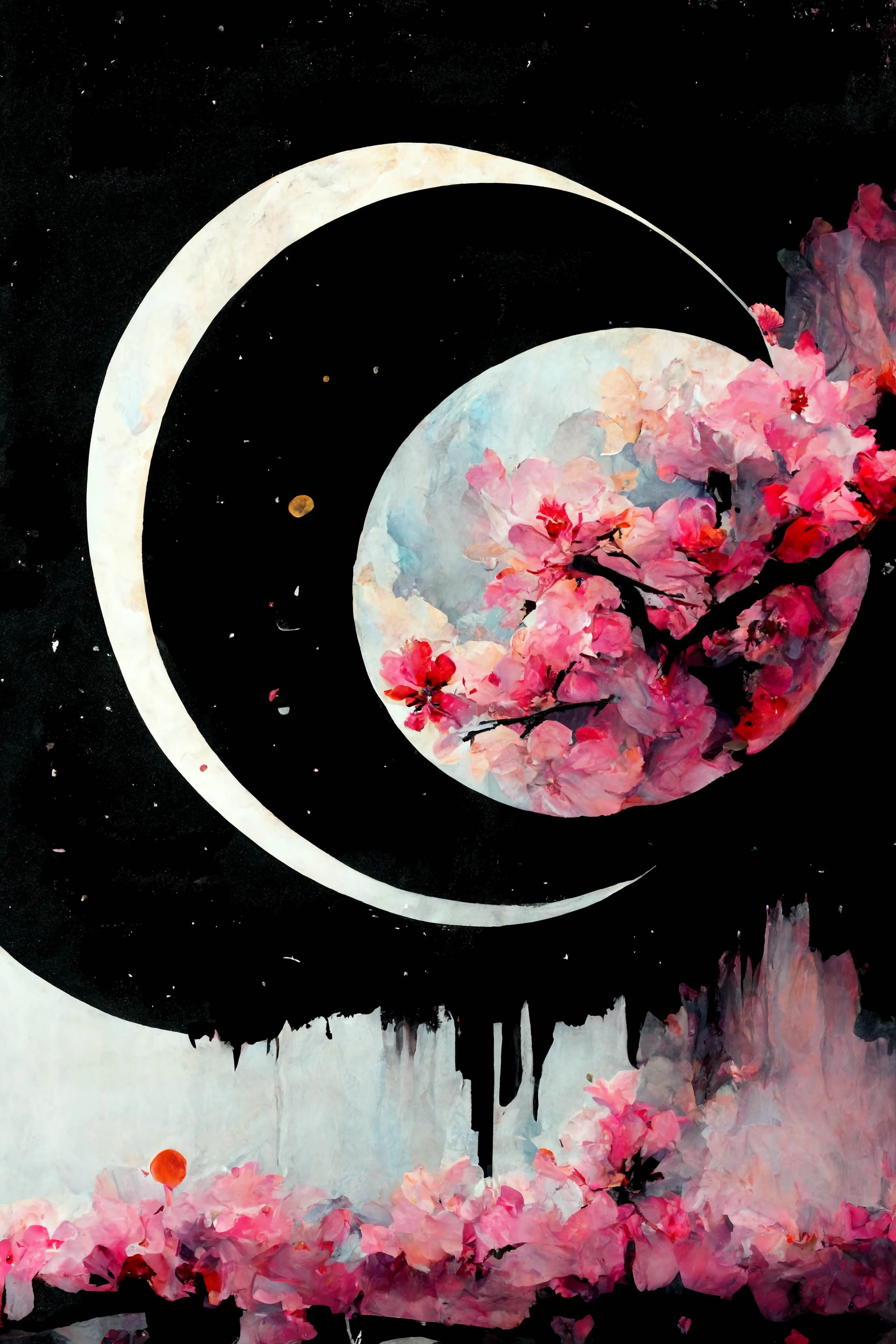 [Midjourney] Цветение вишни сумасшедший абстрактный грустный луна [Реалистичный]