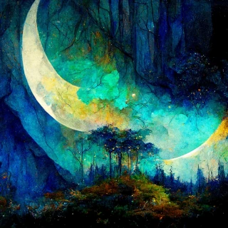 масляная живопись, луна, лес