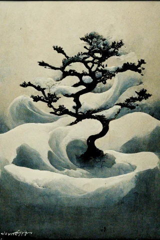 японский, Бонсай, безумие, абстрактный, снег