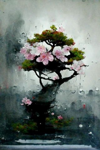 Цветение вишни, японский, Бонсай, безумие, абстрактный, дождь