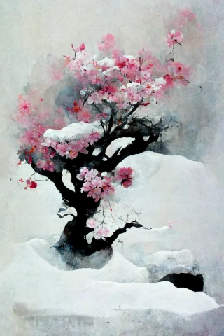 Цветение вишни, японский, Бонсай, безумие, абстрактный, снег