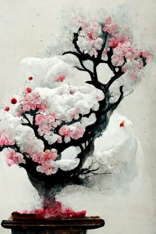 Цветение вишни, японский, Бонсай, безумие, абстрактный, снег