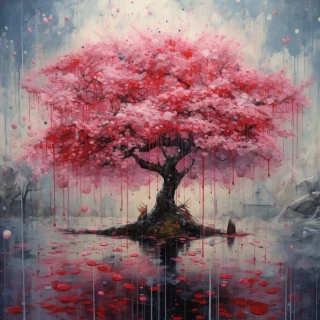 Цветение вишни, японский, Бонсай, безумие, абстрактный, дождь