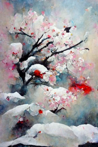 Цветение вишни, японский, безумие, абстрактный, снег