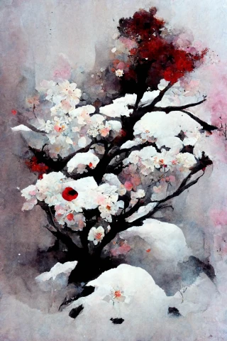 Цветение вишни, японский, ужас, абстрактный, снег